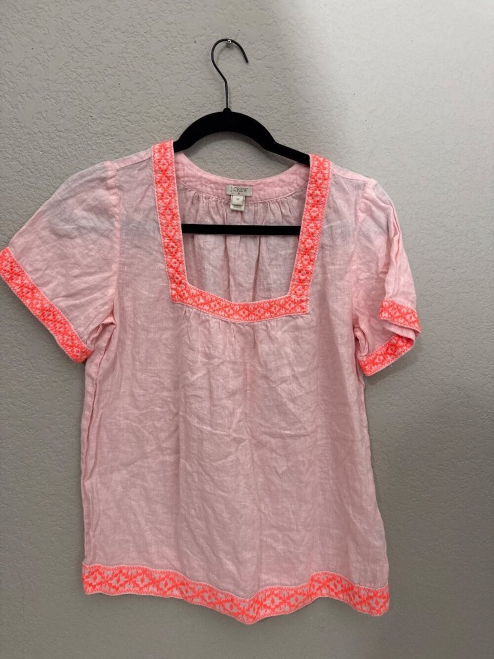 J.Crew Top Pink Linen blend Embroidered Square Neck Size XS pink Peach